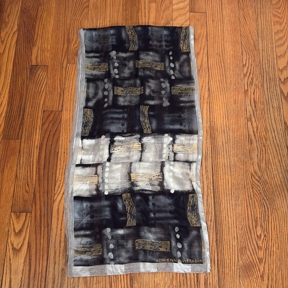 Adrienne Vittadini Silk Geometric Abstract Scarf Black Grey - Picture 3 of 4